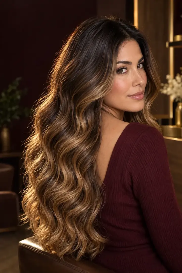 Long voluminous waves with a caramel and honey balayage