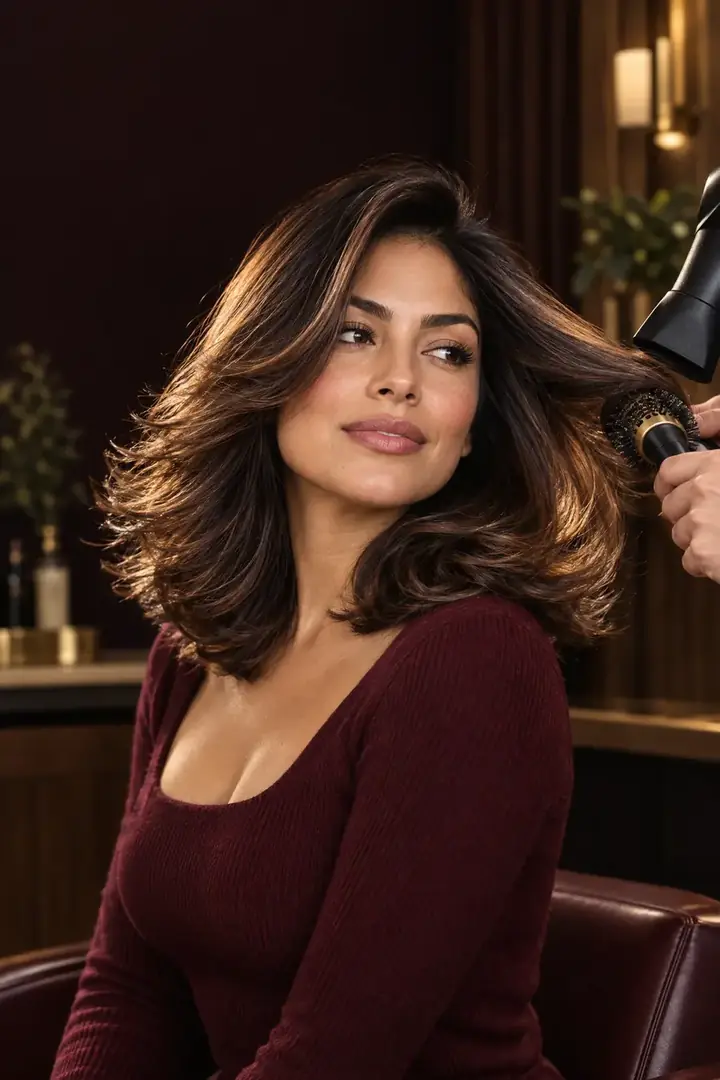 Stylist finishing a voluminous blowout with a round brush